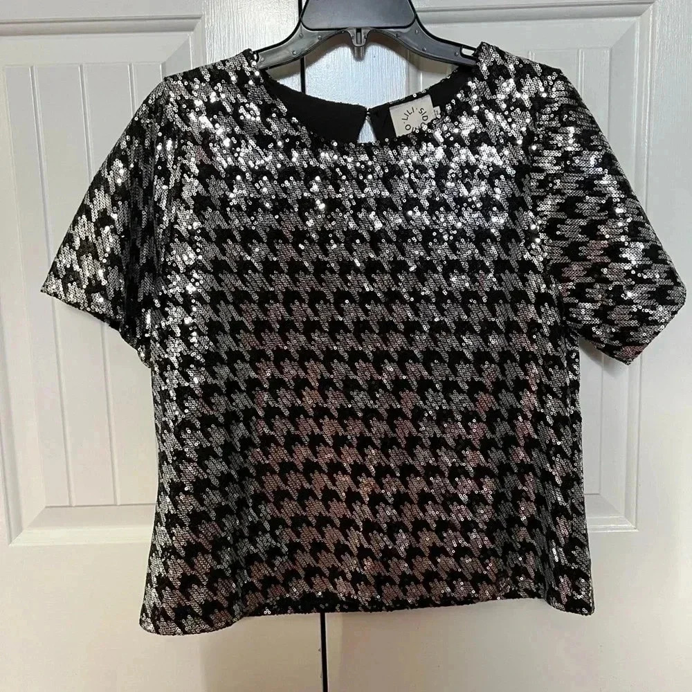 Molly Bracken Marlo Houndstooth Sequined Tee Sz L